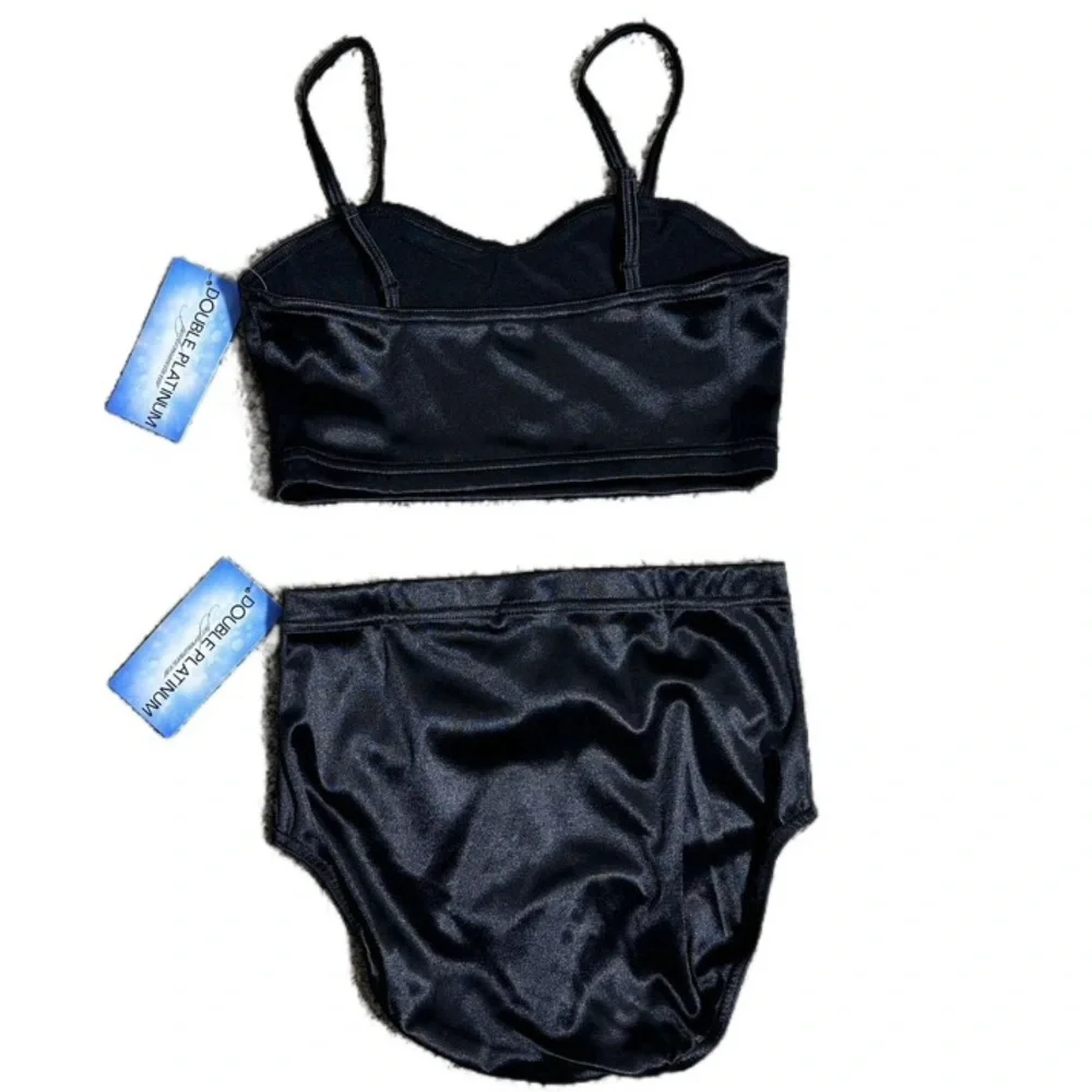 Double Platinum 2 piece Black Dance set Satin crop Top and Briefs Adult‎ S NWT